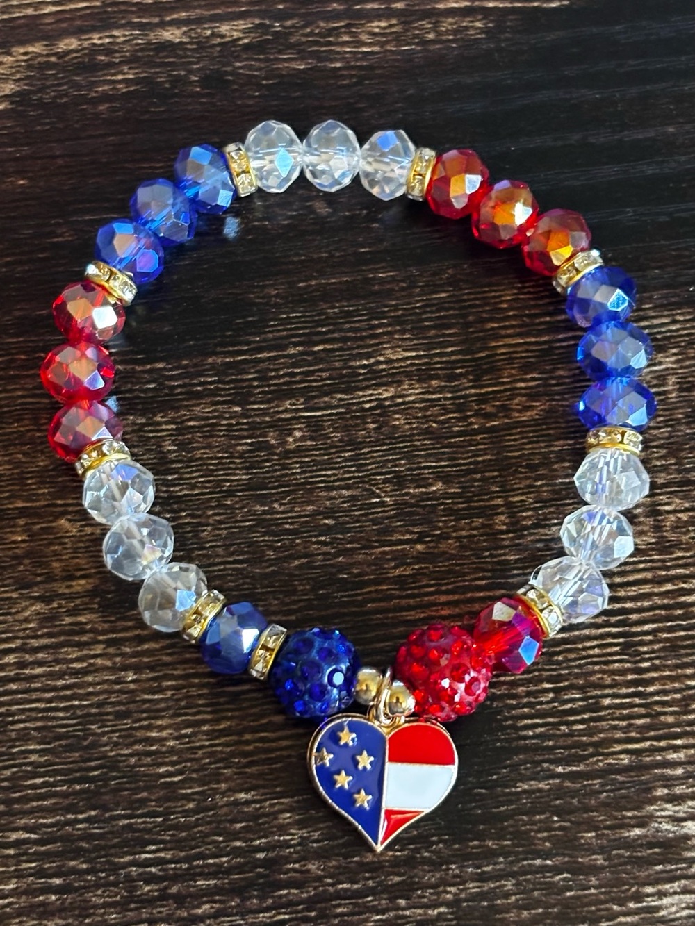 Patriotic Red, White & Blue Crystal Heart Charm Bracelet in Gold Tone